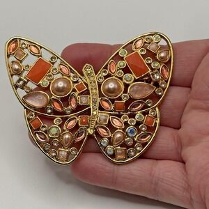 Vintage Butterfly Brooch Pin Faux Pearl Cabochons Peach Sparkly LAILA ROWE